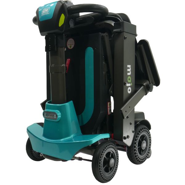 Enhance Mobility MOJO Automatic Folding Scooter Aqua Folded Left Side View  