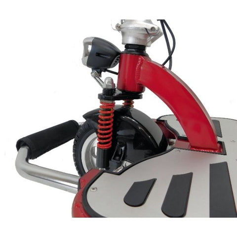 Enhance Mobility Triaxe Cruze Folding Mobility Scooter Red Drive Lever and Front Wheel View