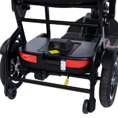 Feather Lightweight Electric Scooter rear wheels and anti-tippers zoomed in