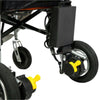 Image of Feather Ultra Lightweight Powerchair battery on the back and rear wheels zoomed in
