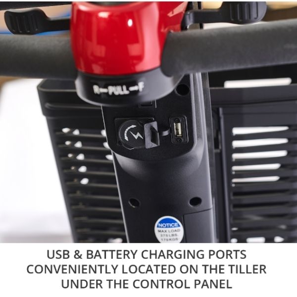 Golden  Technologies  Buzzaround LX  4-Wheel  USB  Battery  Charging  Port  Under  Control  Panel  View''