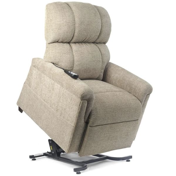 A comfortable and stylish Golden Technologies MaxiComforter Zero Gravity Lift Chair in Anchor Fabric, shown in an elevated view.