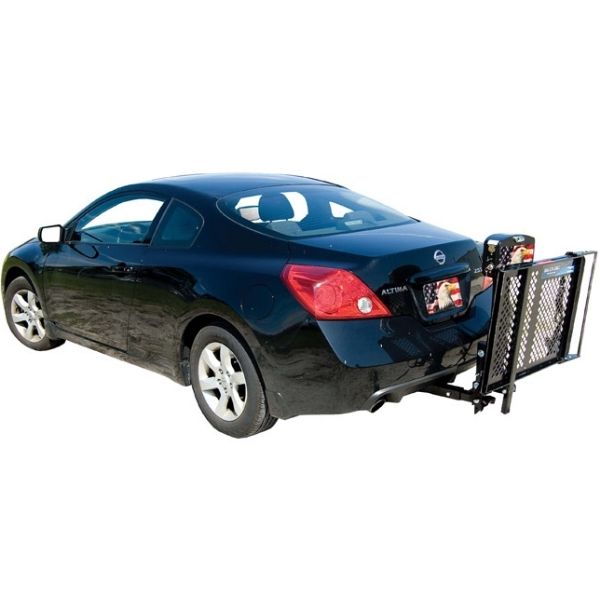 A rear wheel cradle view of the Harmar AL010 Micro Outside Left Adjustable wheelchair lift, designed for easy transportation of electric wheelchairs.