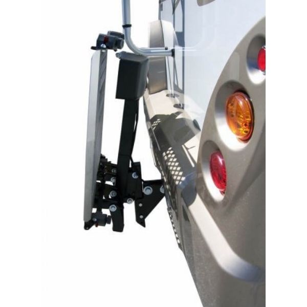 A photo of the Harmar AL300RV Power Chair and Scooter Lift, shown in a folded and installed view. The lift is designed to easily transport power chairs and scooters with a convenient folding feature.