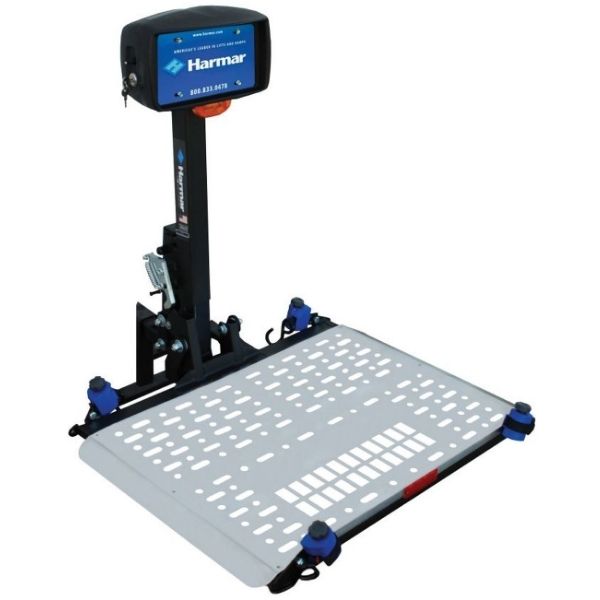 A heavy-duty universal electric wheelchair lift designed by Harmar, shown in a right-side view.