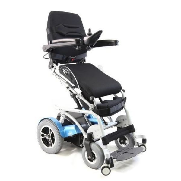 A full standing position view of the Karman XO-202 Full Stand Up Power Chair from Electric Wheelchairs USA.
