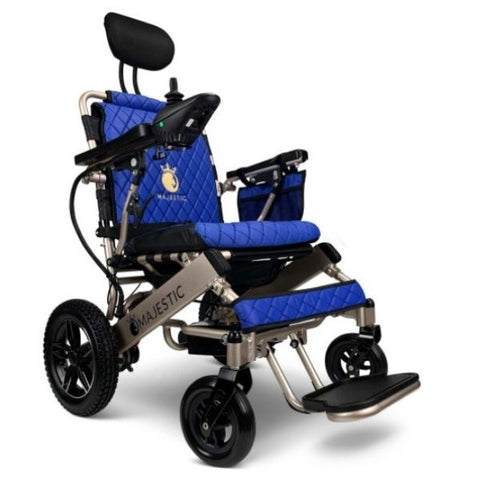 Majestic IQ-8000 Remote Controlled Electric Wheelchair with Recline Bronze Frame and Blue Color Seat