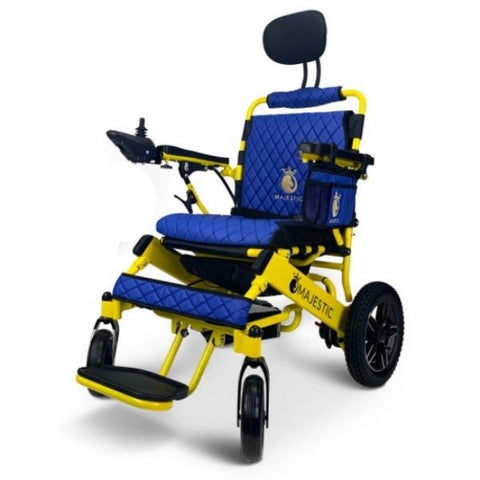 Majestic IQ-8000 Remote Controlled Electric Wheelchair with Recline Yellow Frame and Blue Color Seat