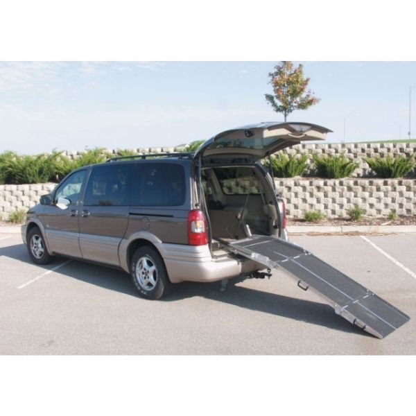 Image of a durable, welded construction folding rear door ramp for electric wheelchairs.