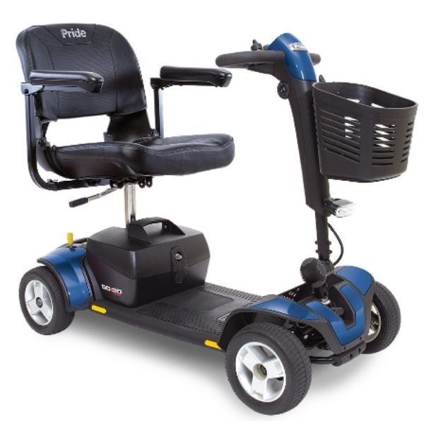 A blue Pride Go-Go Sport 4-Wheel Scooter, right view, available for purchase on Electric Wheelchairs USA website.
