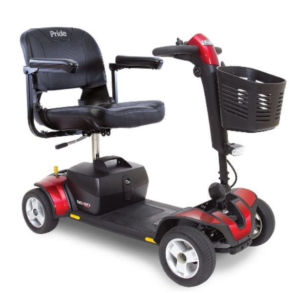 A red Pride Go-Go Sport 4-wheel scooter, right view, available for purchase on Electric Wheelchairs USA