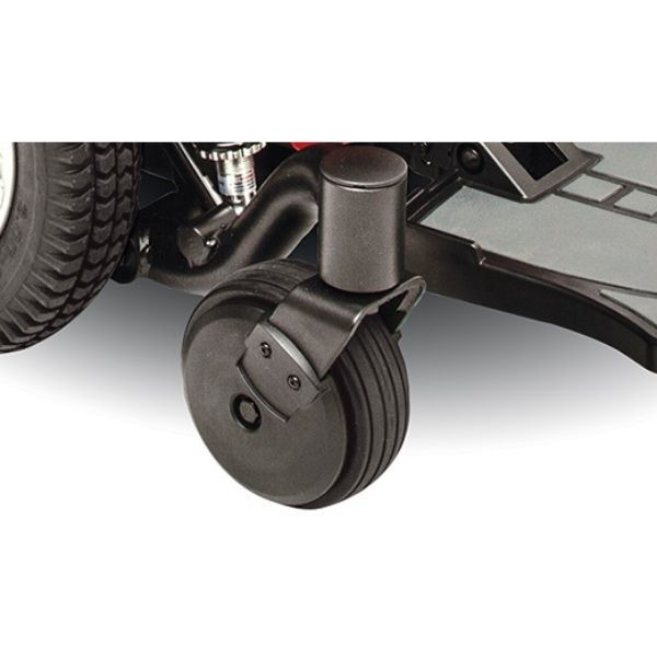 A close-up view of the caster wheels on a Pride Jazzy 600 ES Mid-Wheel Power Chair, showcasing the durable construction and design of the mobility device.