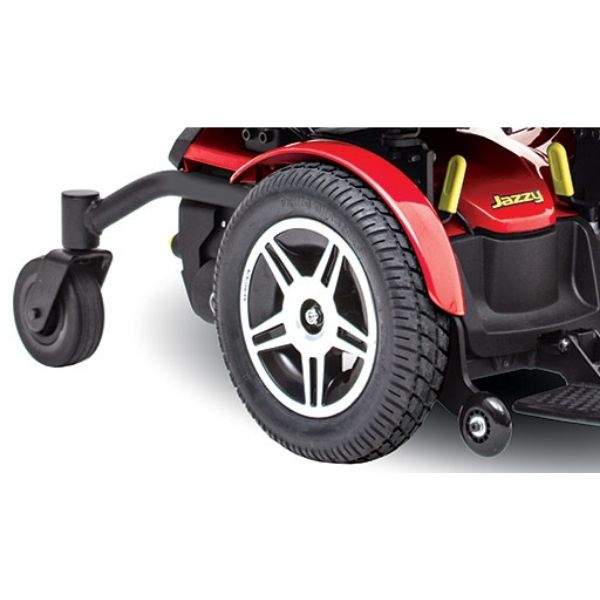 A front view of the Pride Jazzy Elite 14 Front Wheel Drive Power Chair, showcasing its wheels and sleek design.