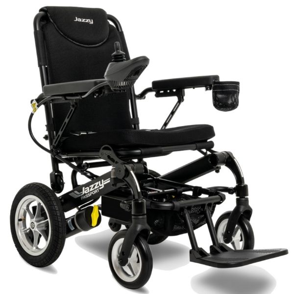 A right view of the Pride Jazzy Passport Folding Power Chair, a compact and portable electric wheelchair perfect for travel.
