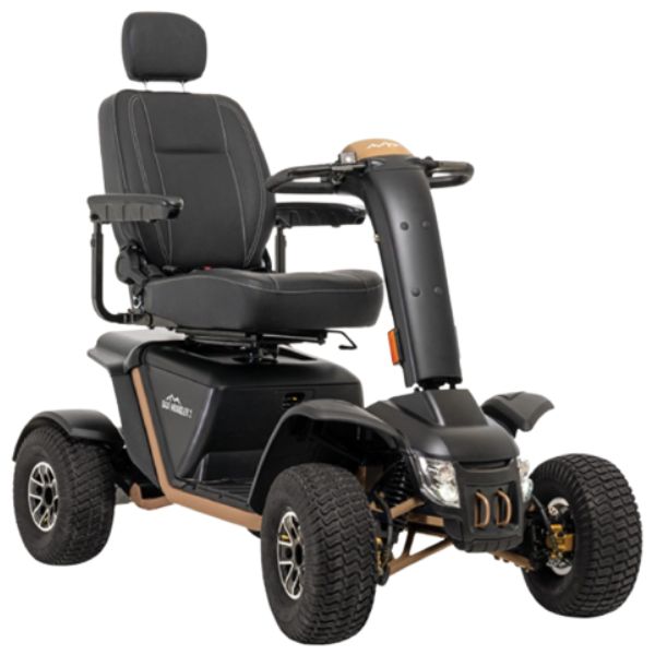 A heavy-duty Pride Baja Wrangler 2 scooter in desert color, perfect for outdoor adventures.
