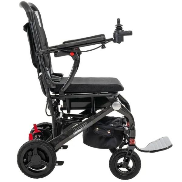 "A right side view of a Pride Jazzy Carbon Travel Lite Power Chair, a sleek and modern electric wheelchair."