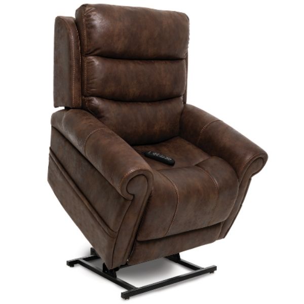 A brown Pride Mobility VivaLift Tranquil Infinite-Position Lift Chair in standing view.
