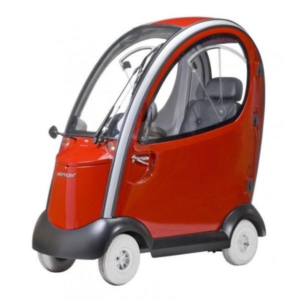 Image of a red Shoprider Flagship 4-wheel scooter, model 889 XLSN, viewed from the left side.