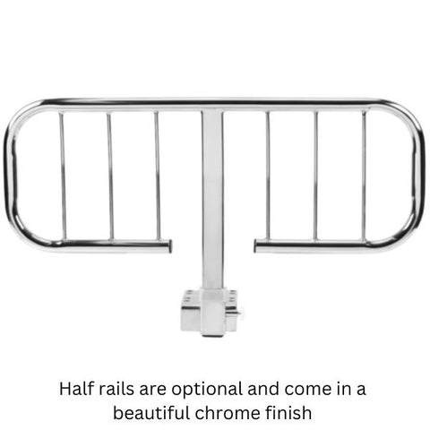 Transfer Master Supernal Hi-Low Bed Half rails are optional and come in a beautiful chrome finish