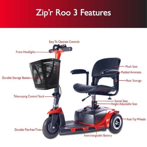 Zip'r Roo 3-wheel Mobility Scooter Red Features Left View
