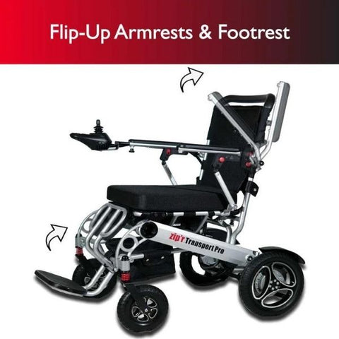 Zip'r Transport Pro Folding Electric Wheelchair Flip-Up Armrest and Footrest View